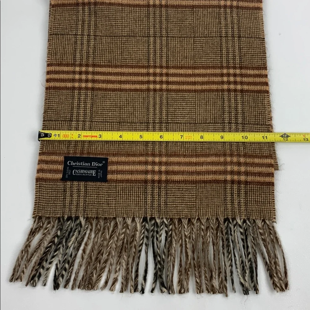 Vintage Christian Dior Tan and Brown plaid stripe Scarf Cashmaire Acrylic Japan